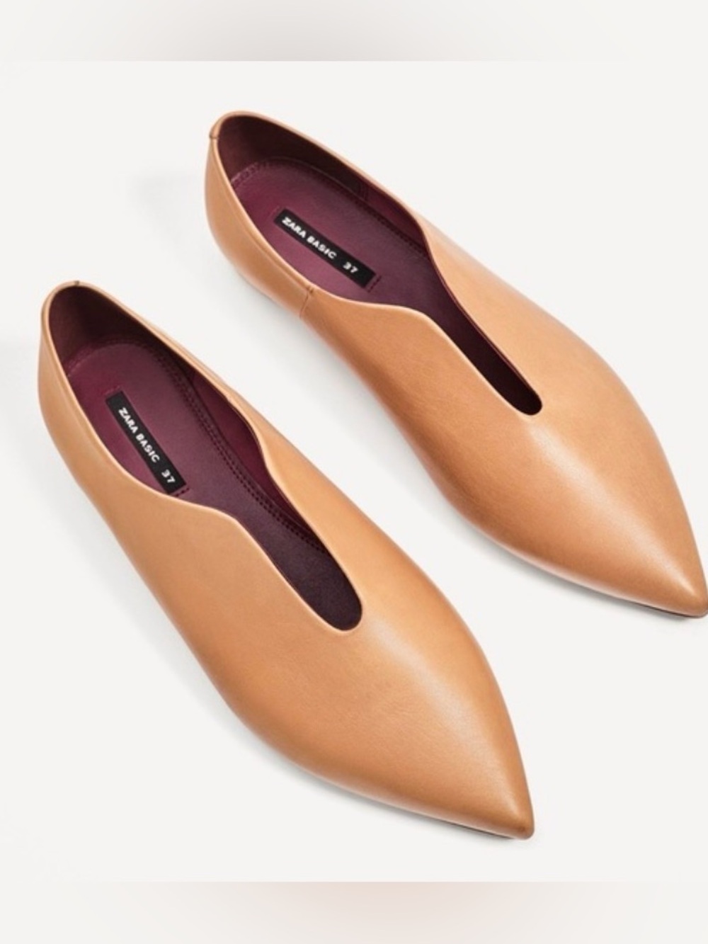 Zara Tan Pointed-Toe Cutout Leather Flats